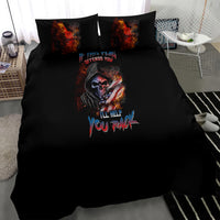Black duvet and pillowcases with fiery skull and bold blue/red slogan graphic