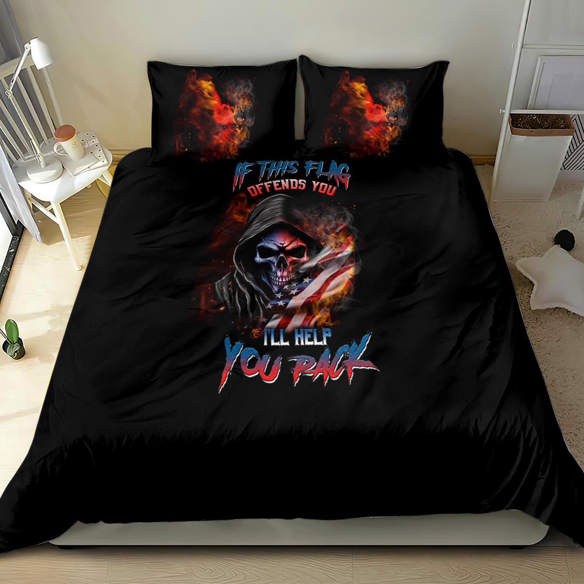 Black skull bedding set with centered flame skull print and two coordinating pillowcases