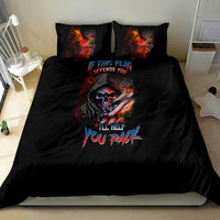 Black skull bedding set with centered flame skull print and two coordinating pillowcases