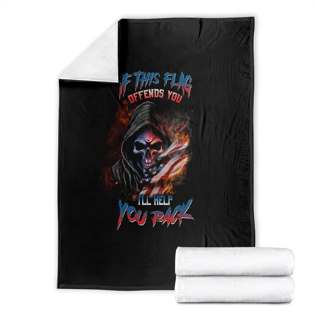 Black skull blanket with multicolor fiery flag skull graphic, folded with white rolls