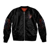 Unisex black bomber jacket with front zipper and small skull chest graphic