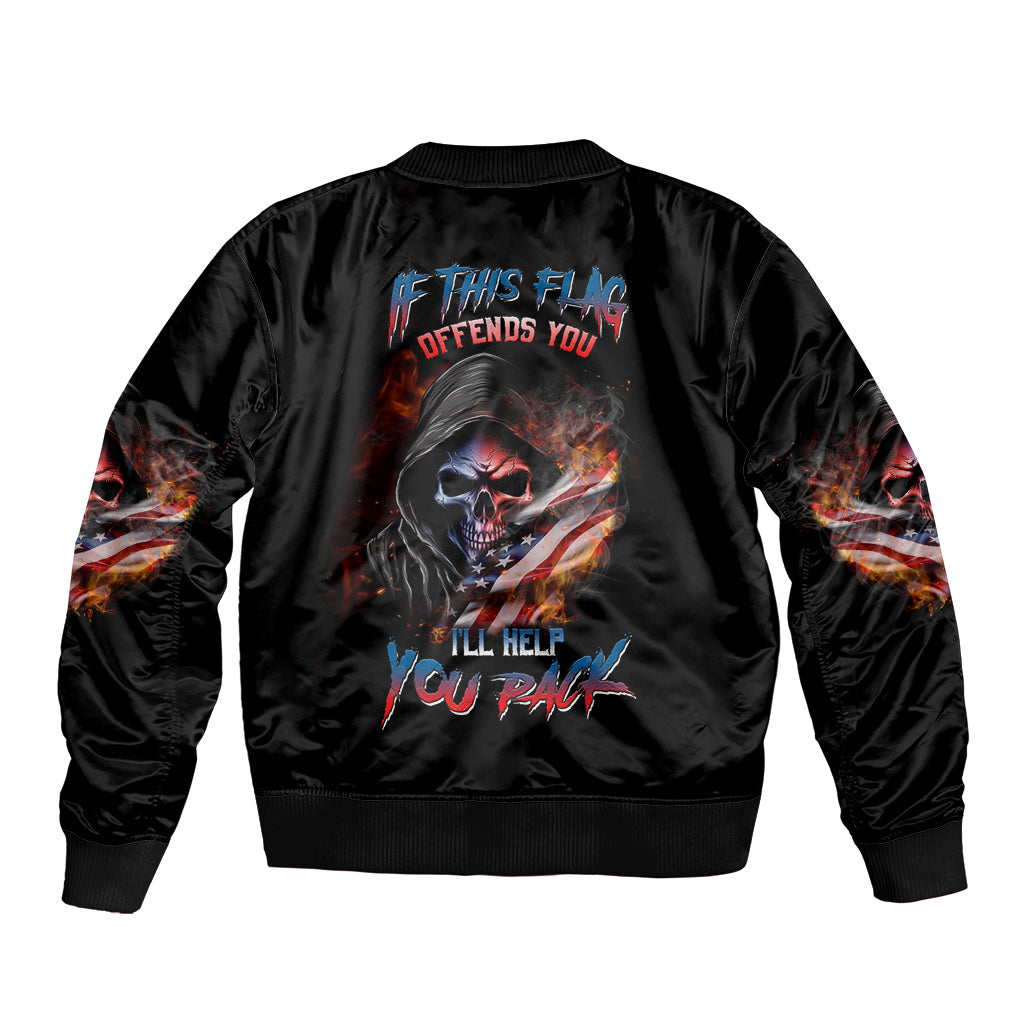 Unisex black bomber jacket with back skull graphic, text, and flame sleeve details