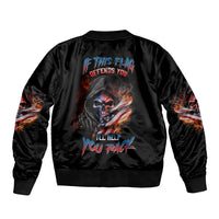 Unisex black bomber jacket with back skull graphic, text, and flame sleeve details