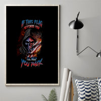 Framed canvas wall art with skull-and-flag graphic and colorful text on black background