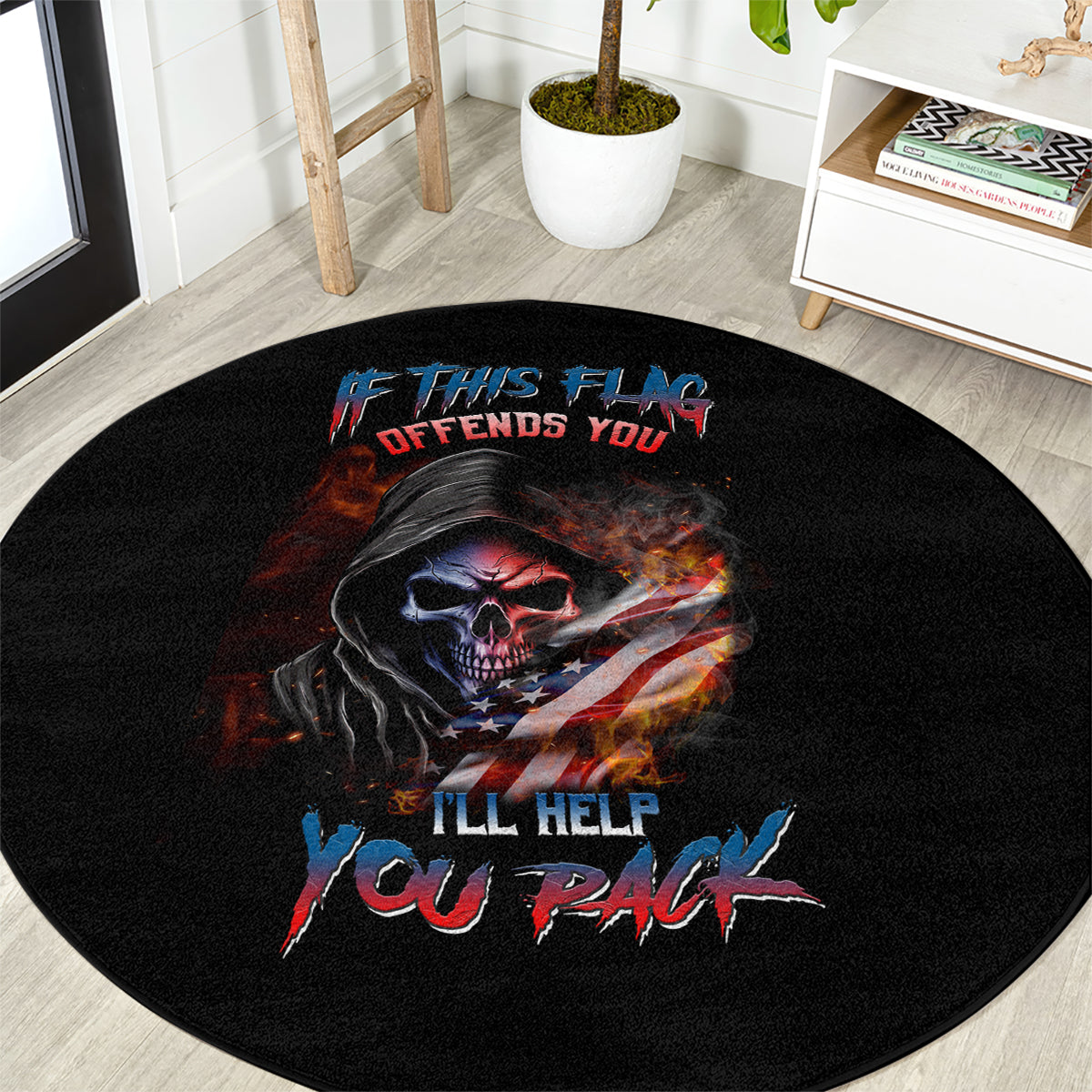 Black round area rug featuring skull with waving flag and red/blue warning text