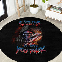 Black round area rug featuring skull with waving flag and red/blue warning text