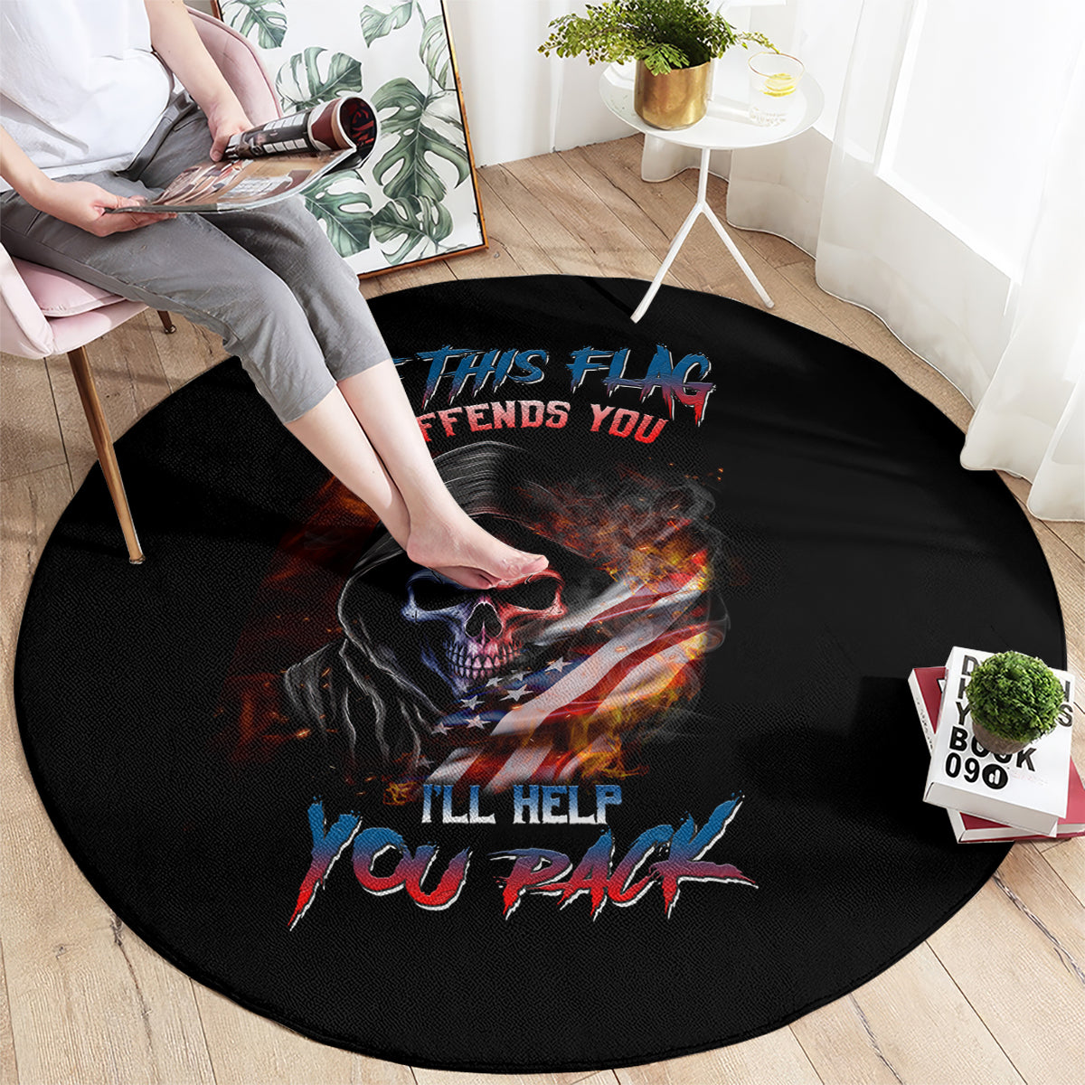 Black round carpet rug with skull graphic, patriotic flag, and bold blue/red text design
