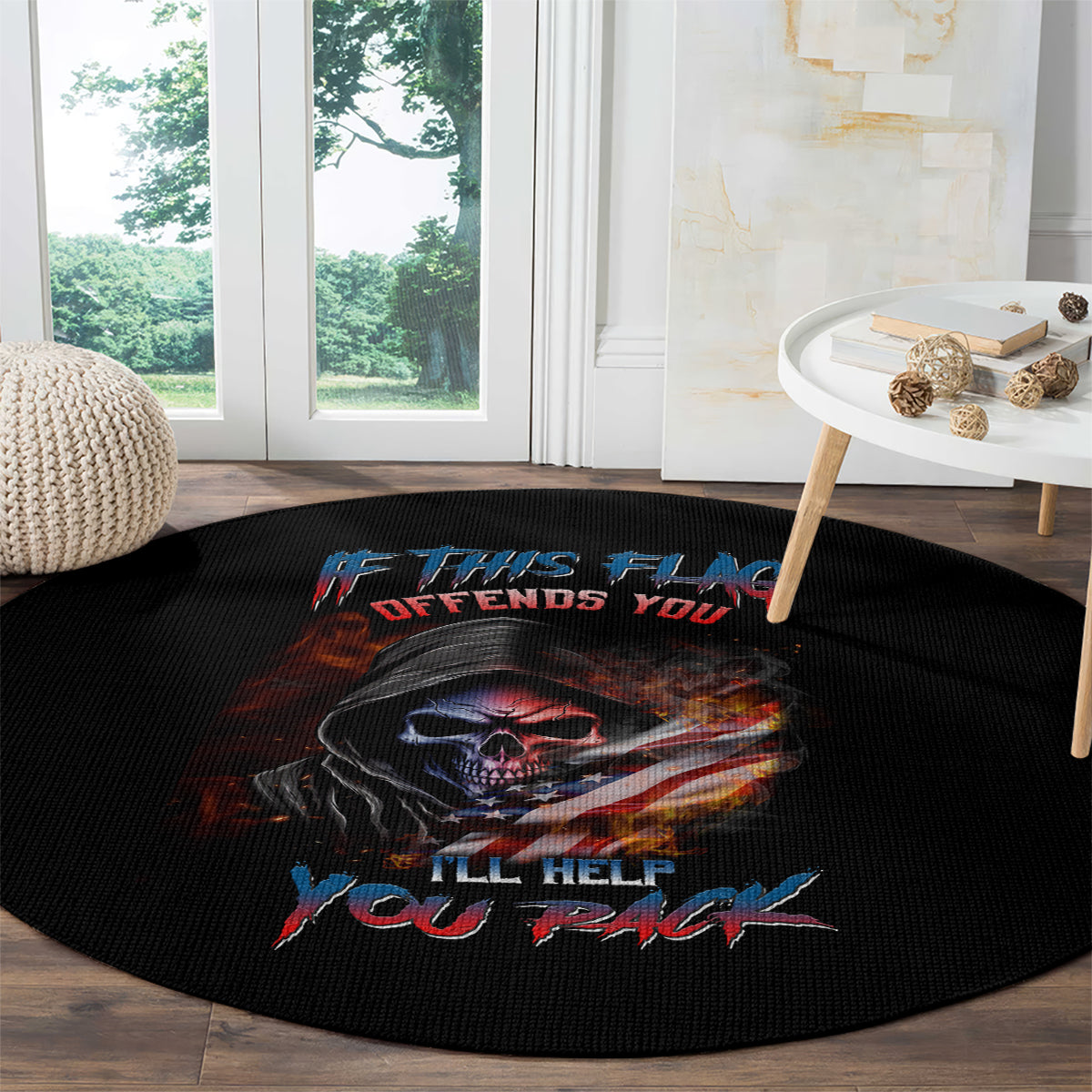 Black round rug with skull, flag streaks, and red/blue text graphic under a side table