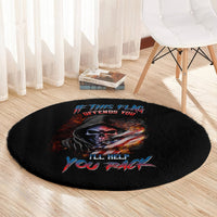 Black round area rug with skull graphic, patriotic flag, and red/blue slogan text