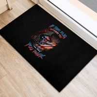 Black rubber doormat with skull graphic and blue-red patriotic text design