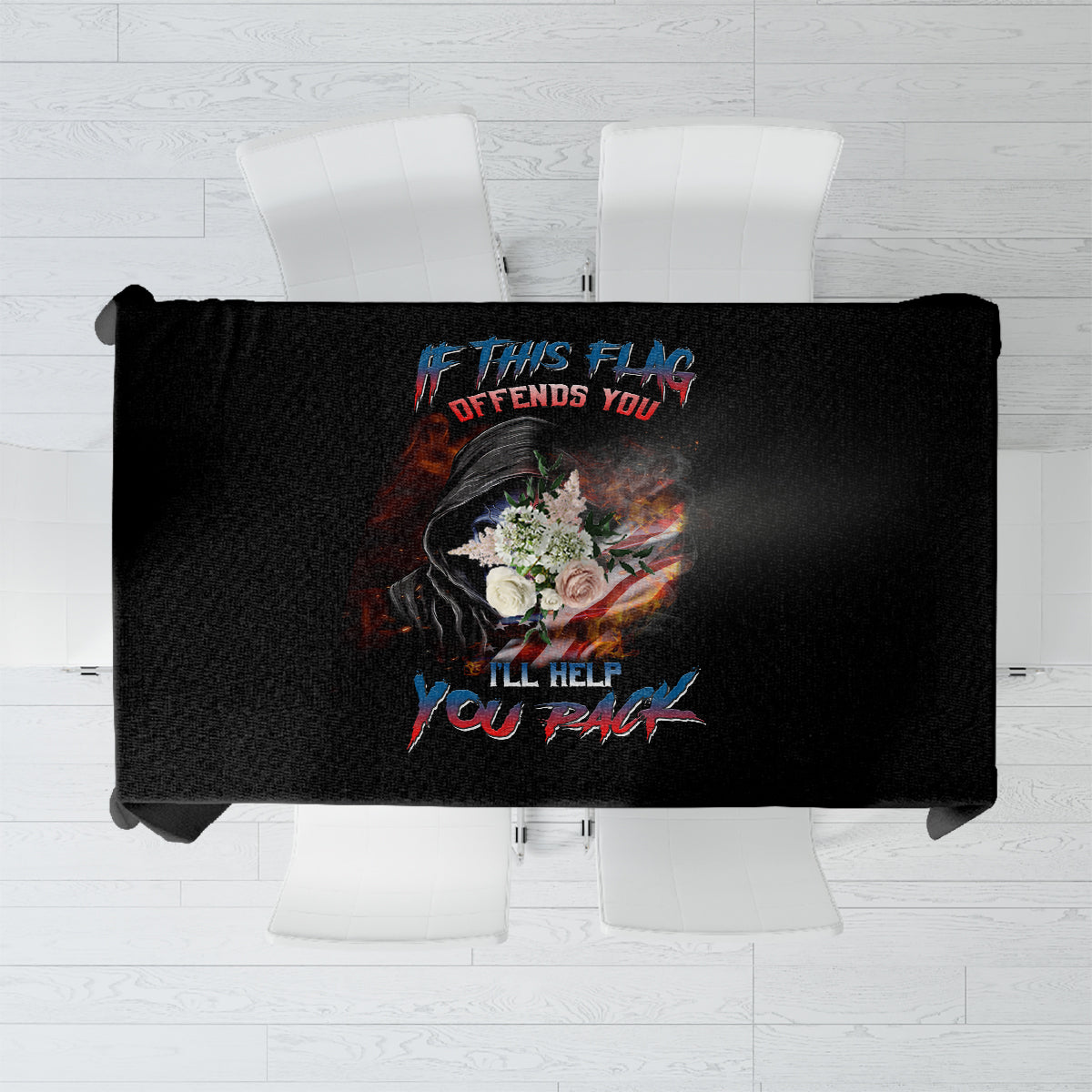 Black tablecloth featuring a skull and quote graphic in the center