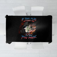 Black tablecloth featuring a skull and quote graphic in the center