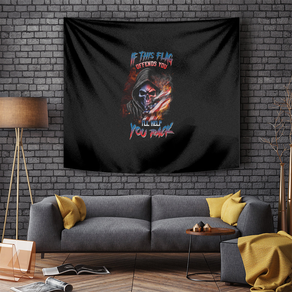 Black skull tapestry wall hanging featuring multicolor graphic and text, rectangular