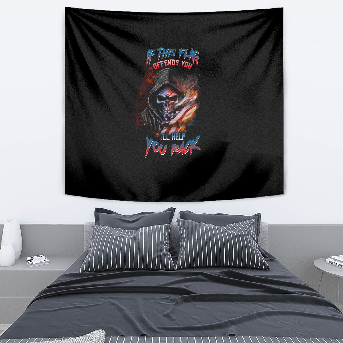 Black skull graphic tapestry wall hanging with multicolor lettering, rectangular