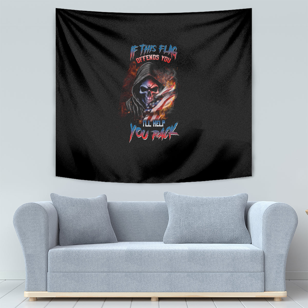 Black skull tapestry wall hanging with multicolor illustration and text, rectangular