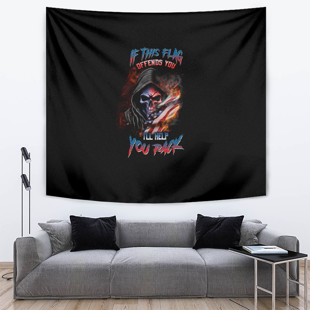 Black skull wall tapestry featuring multicolor graphic and text, rectangular