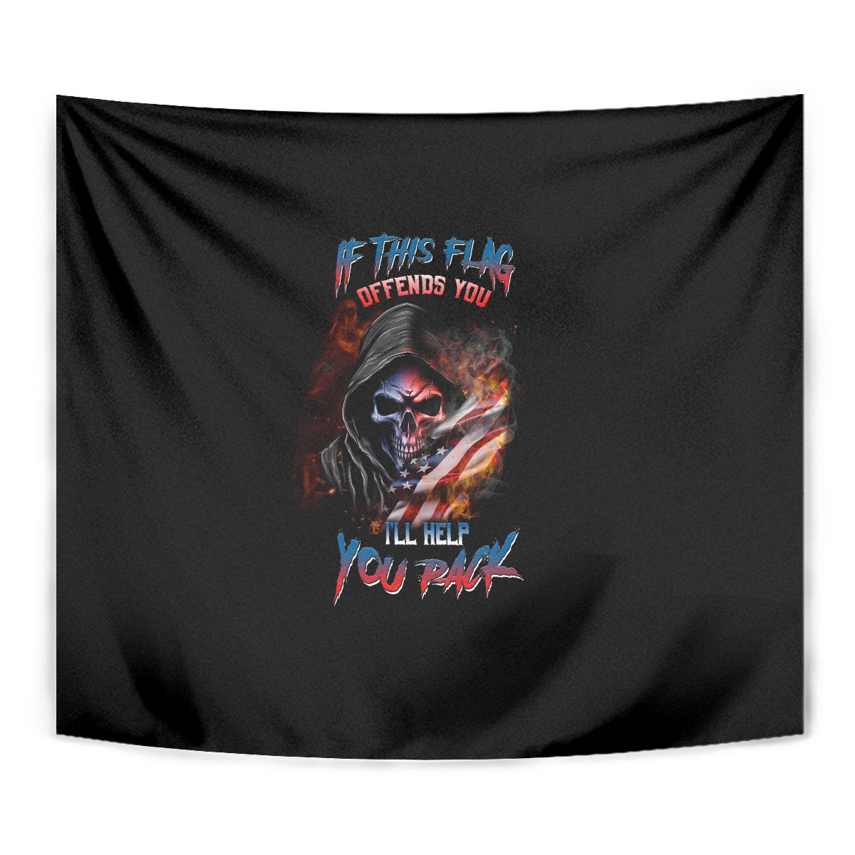 Black skull tapestry wall hanging with multicolor artwork and lettering, close view