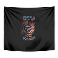 Black skull tapestry wall hanging with multicolor artwork and lettering, close view