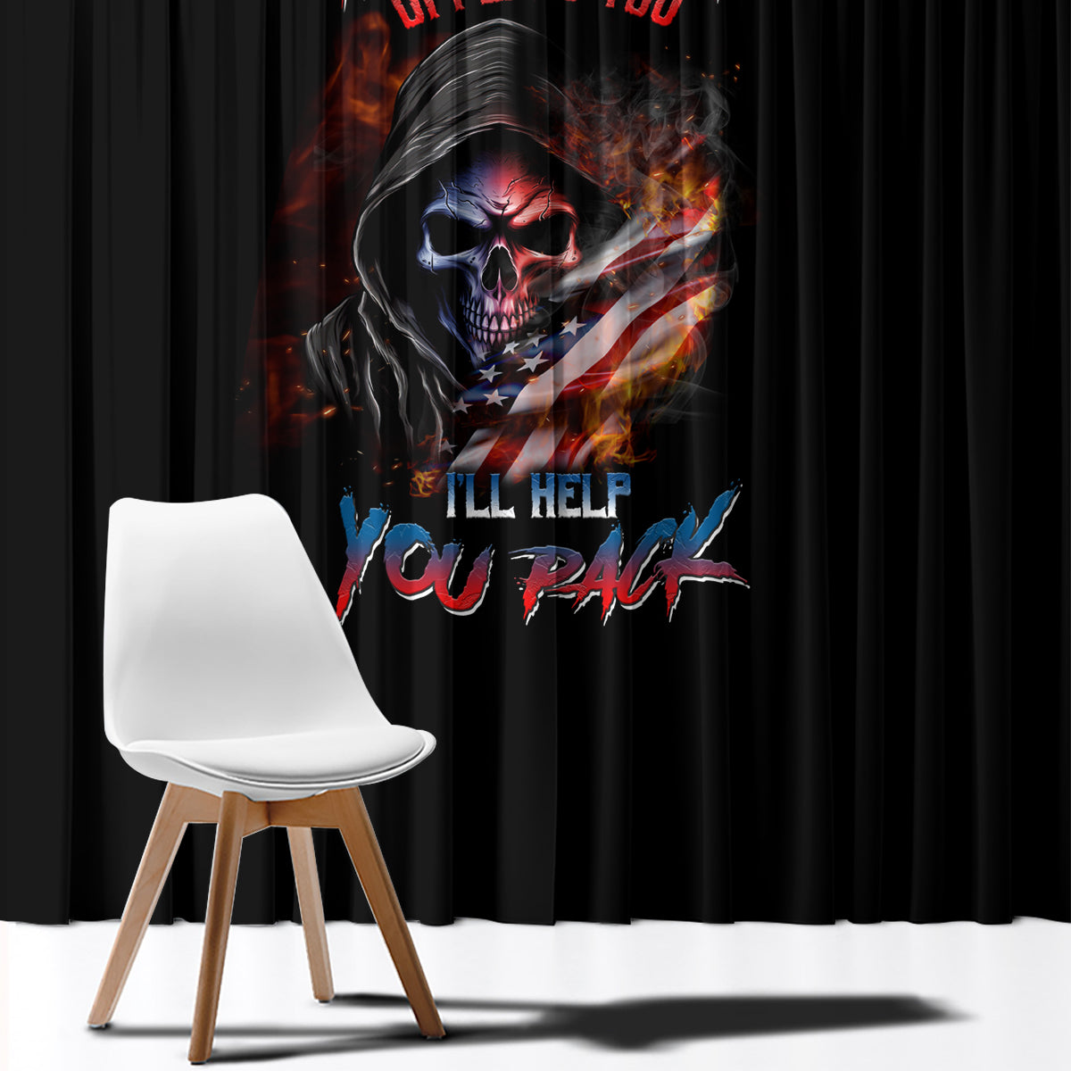 Black window curtain with multicolor skull graphic and red-blue text
