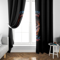 Black window curtain with multicolor skull print and bold red-blue text