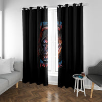 Black window curtain with multicolor skull panel centered between two sides