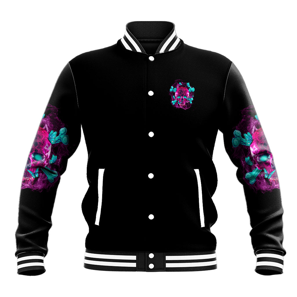 Black unisex baseball jacket with colorful skull graphic and striped ribbed trim