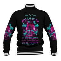 Black unisex baseball jacket, back graphic with pink and teal lettering, ribbed hem