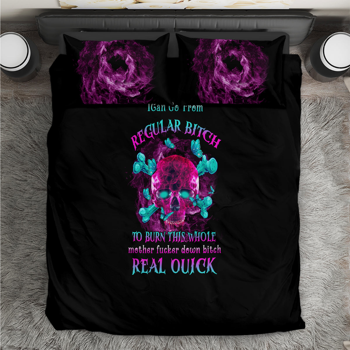 Black duvet cover with purple flame skull artwork and two matching pillowcases