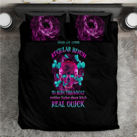 Black duvet cover with purple flame skull artwork and two matching pillowcases