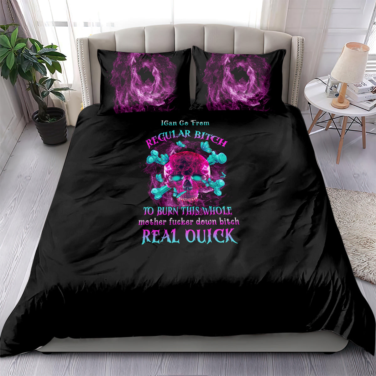 Black bedding set with purple flame skull graphic and matching pillowcases