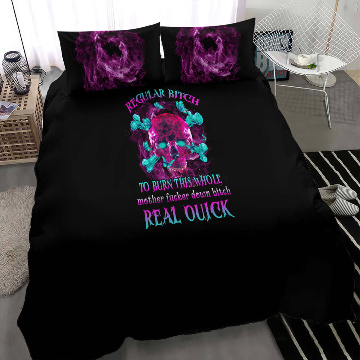 Black bedding set featuring purple flame skull and teal graphic text