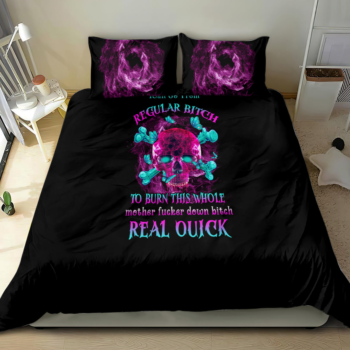 Black comforter set with central purple skull graphic and two purple pillowcases