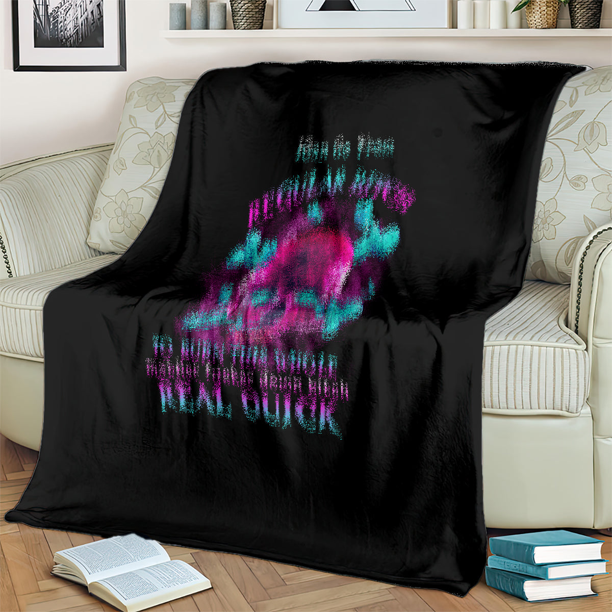 Black blanket with large colorful skull and dripping text graphic