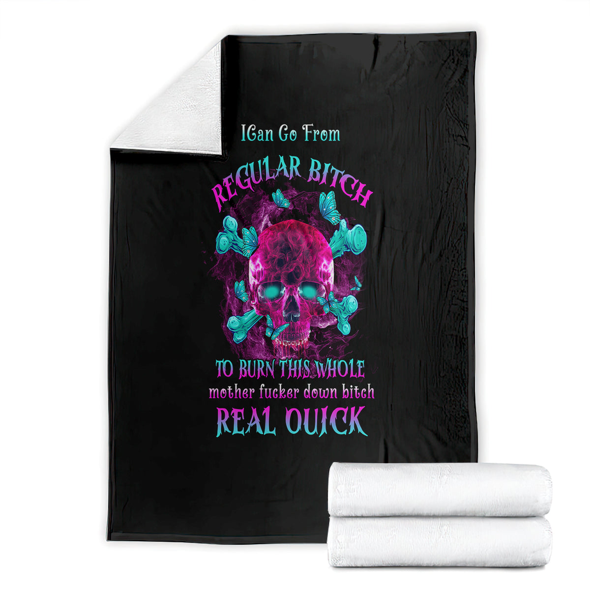 Black blanket set with neon skull graphic and teal, magenta slogan text