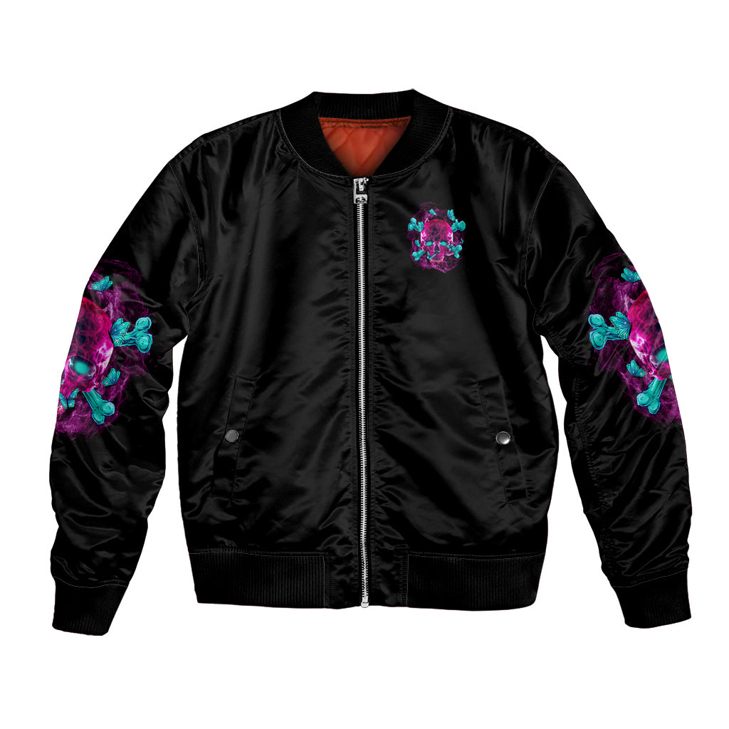 Black unisex bomber jacket with front zip and colorful skull chest graphic