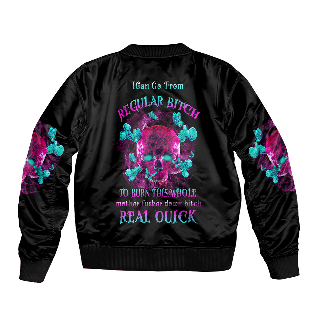 Black unisex bomber jacket with back text and neon skull graphic, ribbed hem cuffs