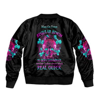 Black unisex bomber jacket with back text and neon skull graphic, ribbed hem cuffs