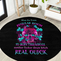 Black round carpet with centered neon skull graphic and multicolor lettering