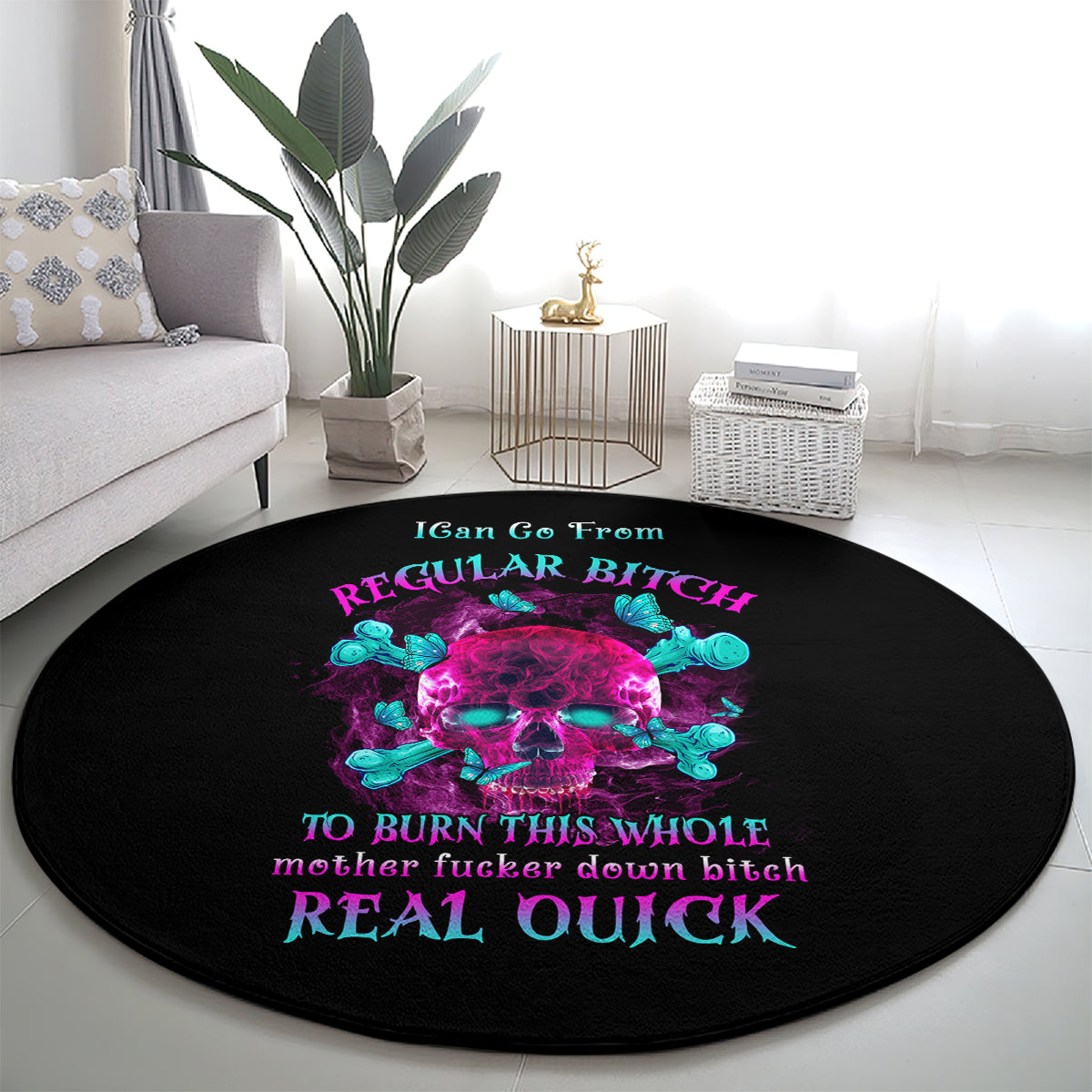 Black round carpet with neon skull graphic at center and multicolor phrase