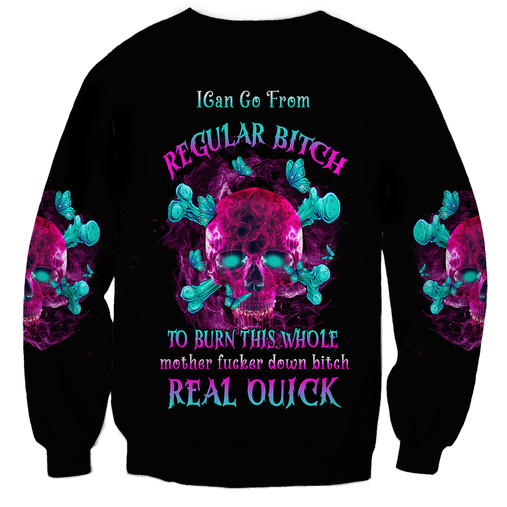 Black unisex sweatshirt with large multicolor skull graphic and neon text on back