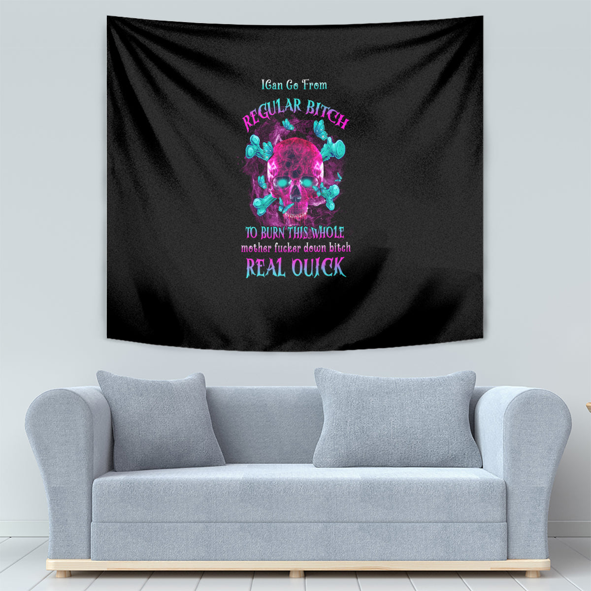 Black rectangular tapestry with multicolor skull print and quote lettering