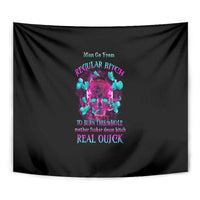 Black tapestry featuring a centered multicolor skull with quote text