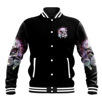 Black unisex baseball jacket with striped ribbed collar, button front, skull artwork sleeves