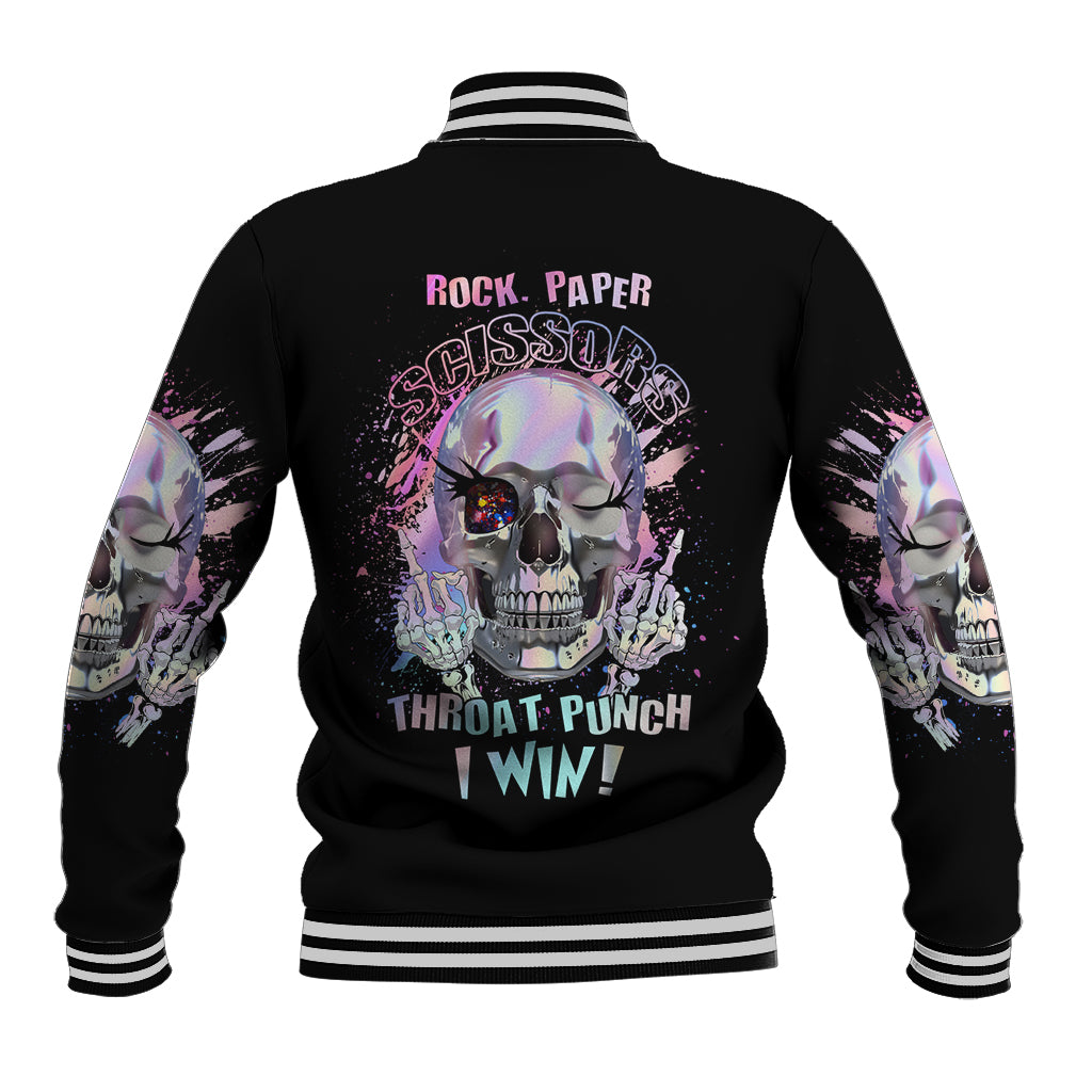 Black unisex baseball jacket with back skull graphic, Rock Paper sign, striped ribbed hem