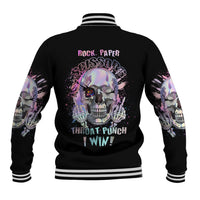 Black unisex baseball jacket with back skull graphic, Rock Paper sign, striped ribbed hem