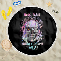 Round beach blanket, black with multicolor skull graphic, 'Throat Punch I Win' text, white fringe