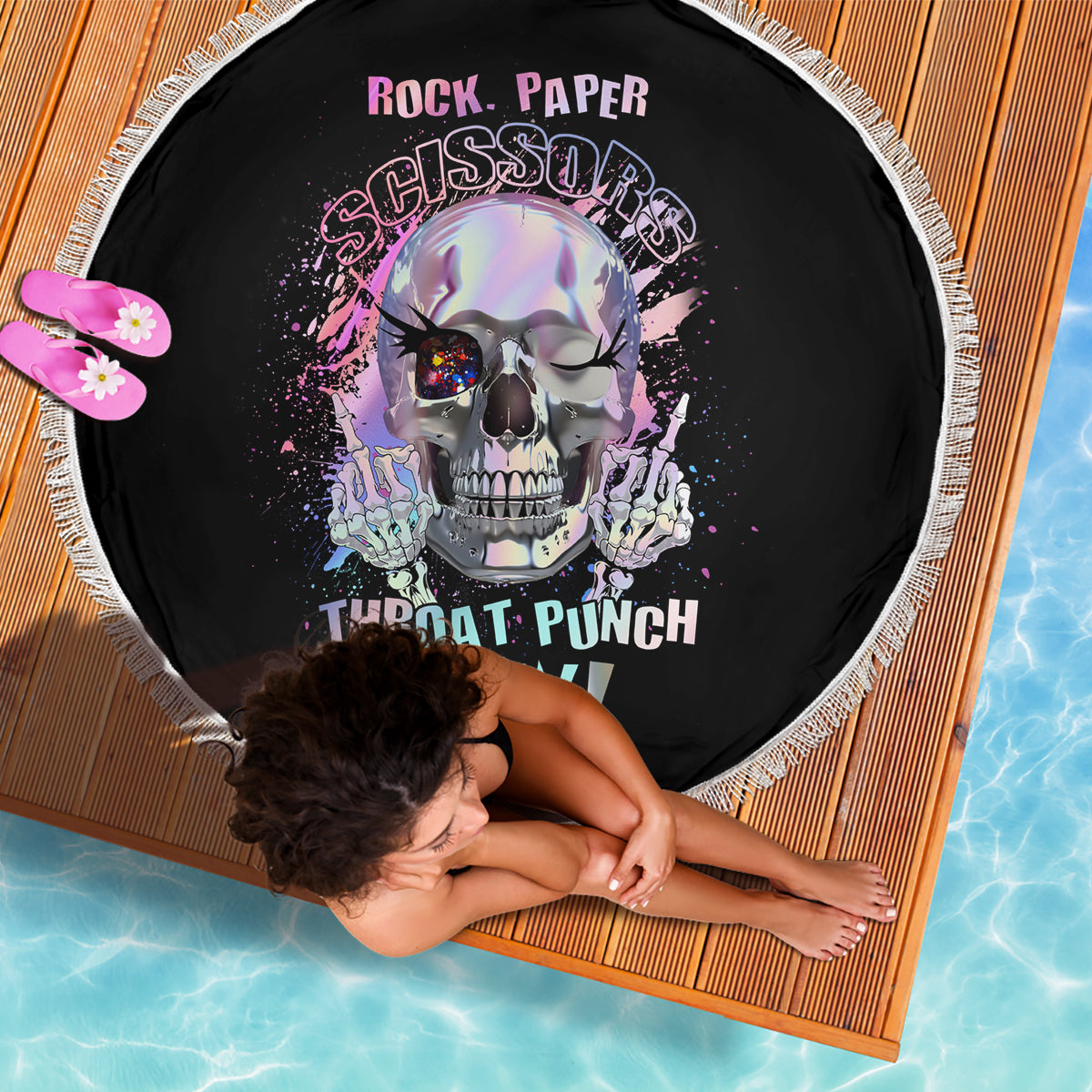 150 cm round beach blanket, black with multicolor skull 'Throat Punch I Win' graphic and fringe