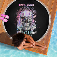 150 cm round beach blanket, black with multicolor skull 'Throat Punch I Win' graphic and fringe