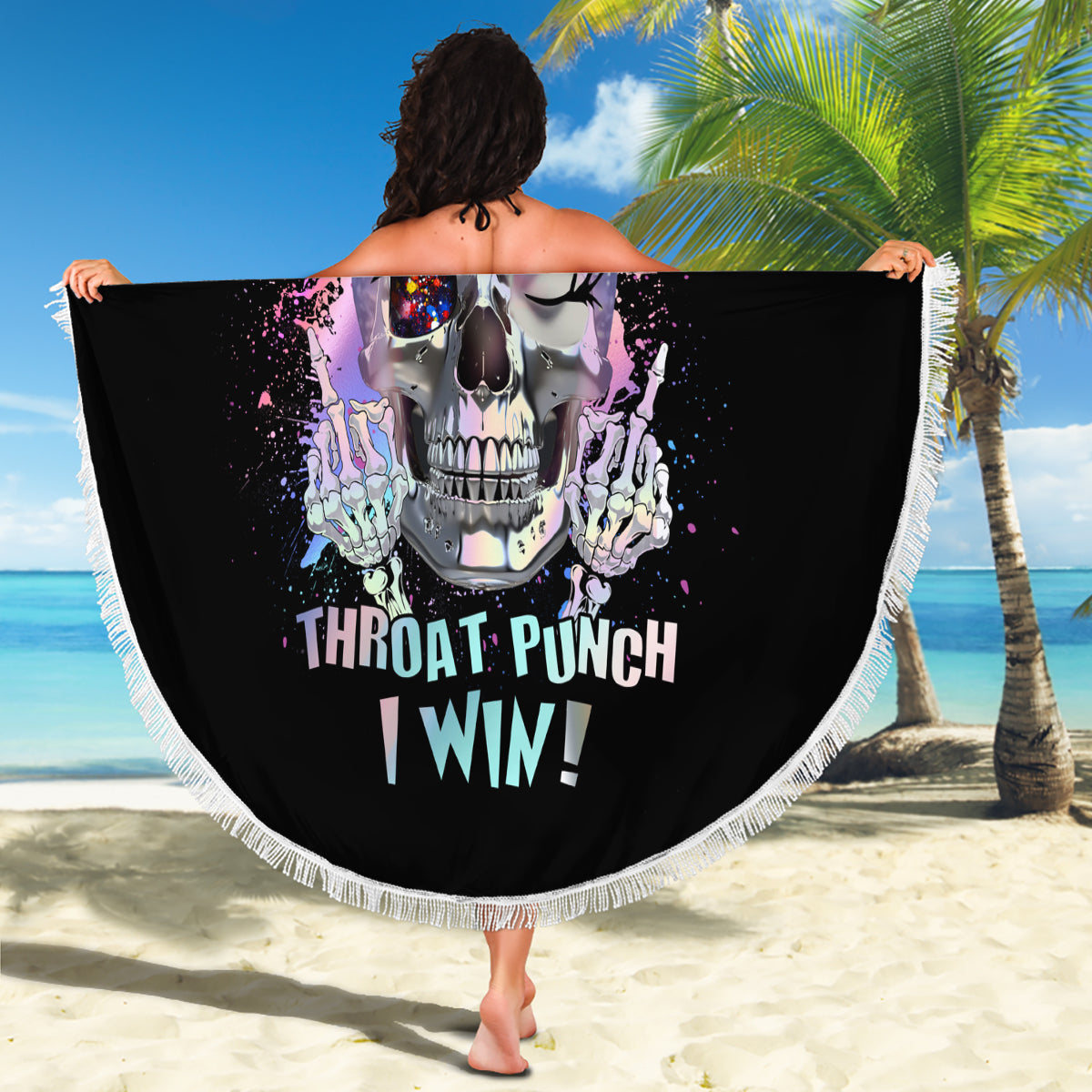 Round beach blanket, black with skull graphic and 'Throat Punch I Win' text, white fringed border