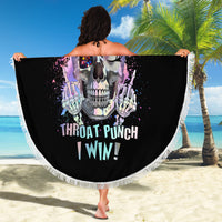 Round beach blanket, black with skull graphic and 'Throat Punch I Win' text, white fringed border